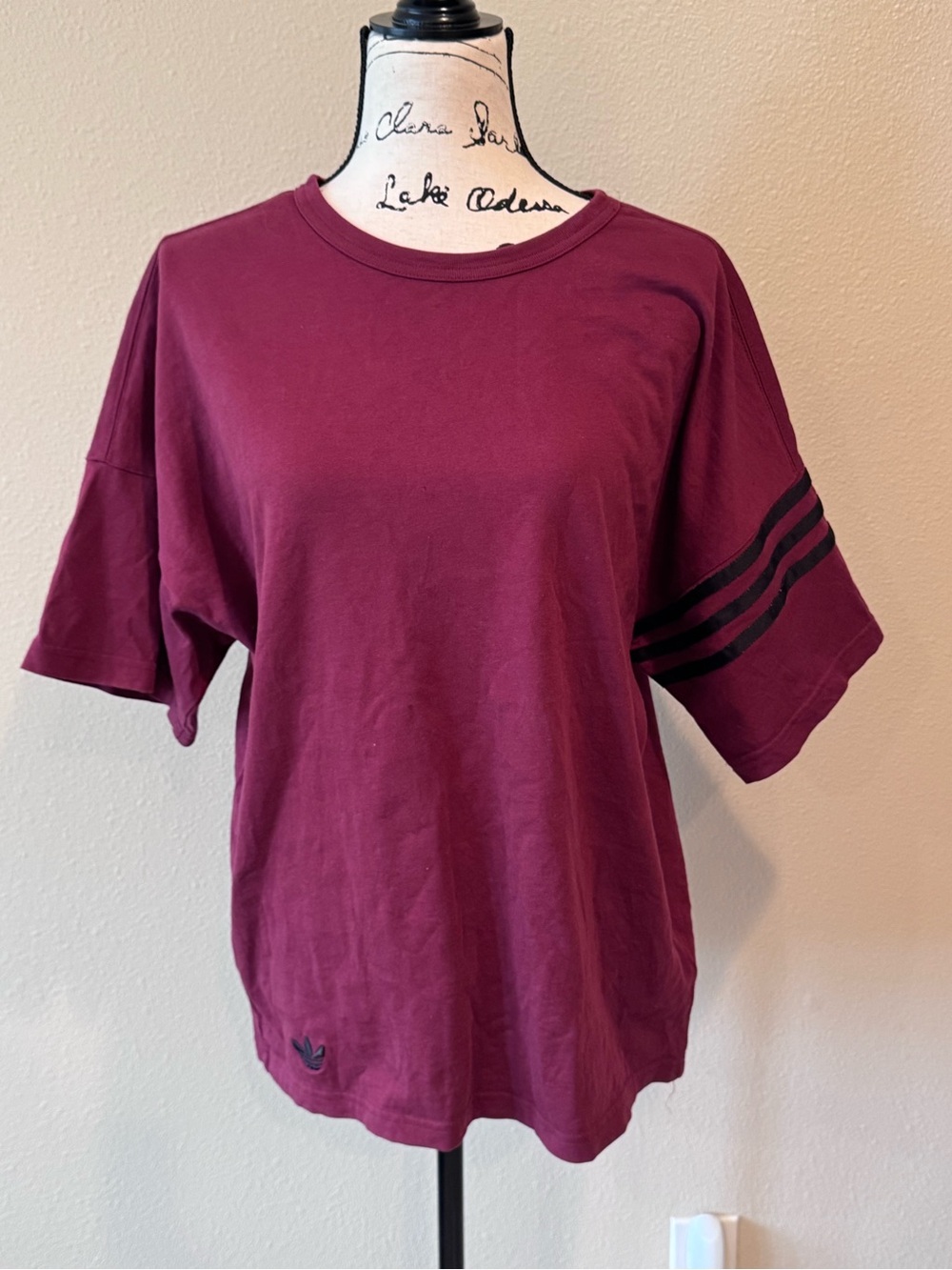 Adidas woman Maroon Crew Neck Tee with Sleeve Stripes